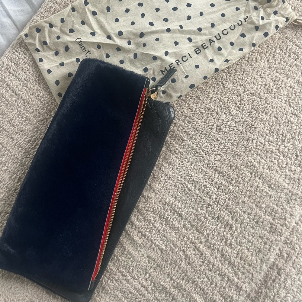 Clare V. Navy Calf hair Fold-over Clutch